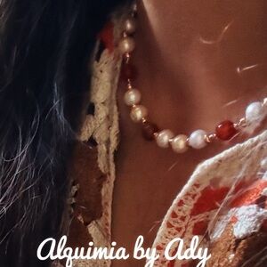 Classic Beaded pearl necklace with carnelian gemstones